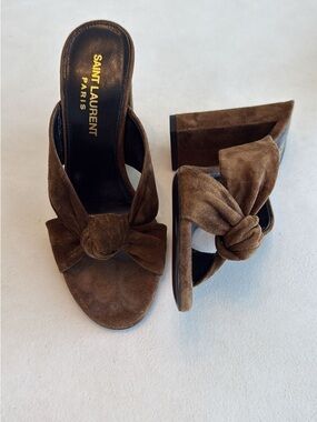 Saint Laurent Brown Suede Knotted Slide Mules